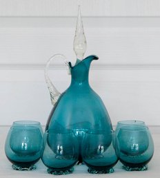 Italian Murano Teal Blue Glass Decanter Set With Cordial Glasses