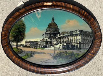 Antique US Capitol Building Reverse Painting Convex Bubble Glass Oval Distressed Chicago Portrait Co 1911
