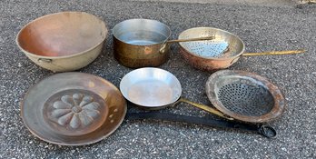 Copper Pots, Bowls And Strainer
