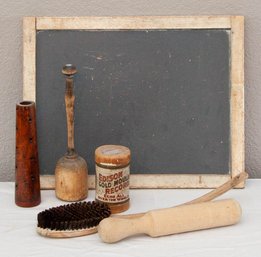 Primitive Wood Chalkboard, Masher, Brush And Spool