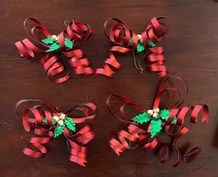 Metal Red Ribbon And Holly Ornaments