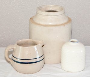 Vintage Stoneware Primitive Crock, Vase And Creamer