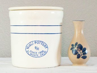 Miali Pottery 1/2 Gallon Lidded Crock And Pfaltzgraf Bud Vase
