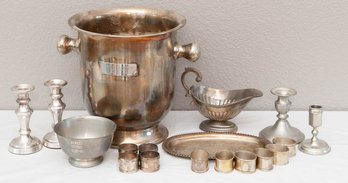 Lot Of Silver Plate, Pewter And Silver Tone Decor Including Restoration Hardware Candlesticks