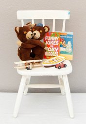 White Child's Wood Chair With 1977 Dakin Teddybear Plush, Vintage Comics And Wood Toys