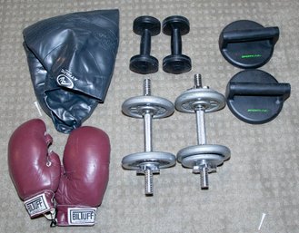 Lot Of Exercise Equipment Includes Ball, Weights And Boxing Gloves