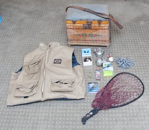 Fishing Lot Includes Vest, Vintage Basket And Net