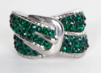 Green Austrian Crystal Buckle Ring In Stainless Steel (Size 6.5)