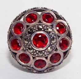 Simulated Red Diamond Swiss Marcasite Ring In Sterling Silver Size 8