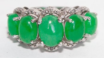 Green Jade Diamond Ring In Platinum Overlay Sterling Silver Size 6