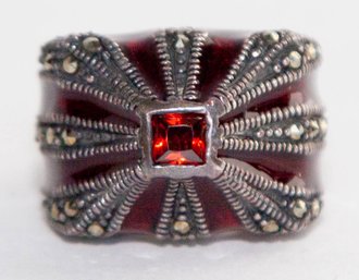 Simulated Red Diamond Swiss Marcasite Ring In Sterling Silver Size 6