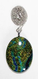 Camofine Dichroic Art Glass Oval Blue/green Pendant Necklace In Stainless Steel