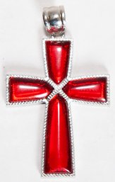 Red Glass Cross Pendant In Silver Tone