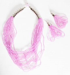 Pink Seed Bead Necklace And Earring Set