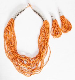 Orange Seed Bead Necklace And Earrings