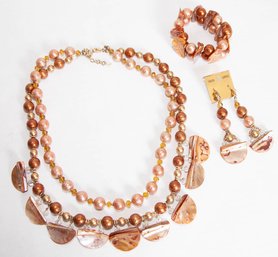 Champagne And Shell Double Strand Necklace Bracelet And Earrings Set
