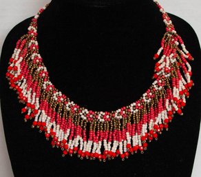 White, Red And Bronze Seed Bead Necklace In Gold Tone