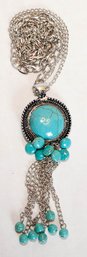 Turquoise Tassel Necklace In Silver Tone