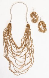 Gold And Pearl Seed Bead Necklace And Earring Set