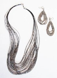 Silver Multi Strand Bead Necklace And Earring Set