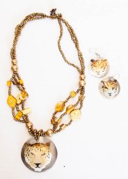 Cheetah Face Gold Bead Necklace And Earring Set