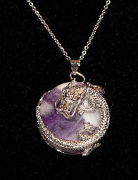 Chinese Dragon Necklace Wrapped Around Amethyst In Silver Tone