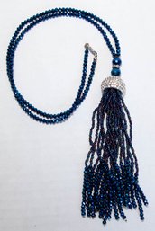Midnight Blue Glass, Austrian Crystal Tassel Necklace