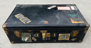 Antique Trunk With Travel Stickers Including Venice, Milan And Montreal`