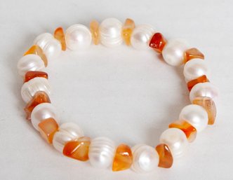 Carnelian And Freshwater Pearl Stretchable Bracelet
