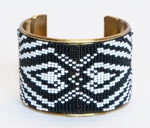Black And White Seed Bead Cuff In Gold Tone