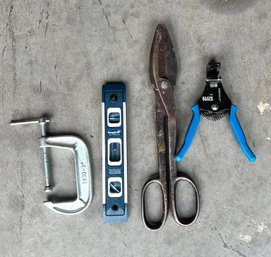 Tool Lot Includes Snips, Klein Grommet Punch, Level And Vise