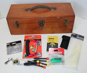 Wood Tackle Box With Assortment Of Small Tools