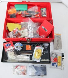 Plastic Tool Box Of Electrical Items Including Fasteners And Wire Protectors