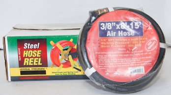 Central Pneumatic Steel Hose Reel And 3/8'-8'-15' Air Hose New In Box