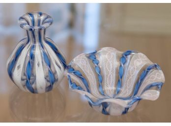 Blue And White Striped Murano Glass Bud Vase And Candy Dish