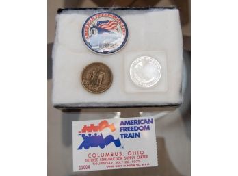 American Freedom Train Commemorative Coins And Button Shadow Box