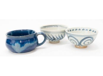 5.5' Japanese Blue And White Pottery Rice Bowls And Soup Mug