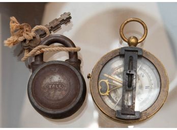 Antique Surveyors/ Mining Compass And Yale Lock With Keys