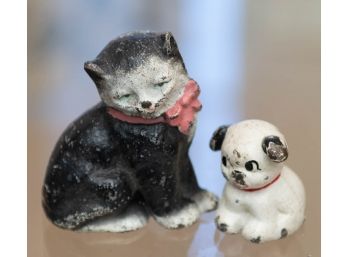 Miniature Hubley Heavy Cast Iron Cat And Pup Figurines