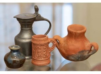 Miniature Pewter And Pottery Vessels