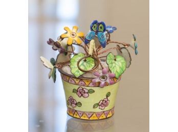 2004 Miniature Potted Plant Stamp Holder Enamel And Ceramic Hand Painted Signed