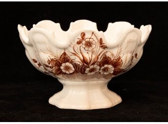 Vintage Italian White And Brown Flowers Pedestal Fruit Bowl