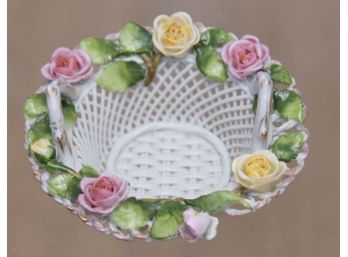 1950s Bone China Open Weave Basket Of Roses Signed