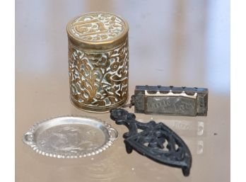 Miniature Brass Trinket Box, Hohner Harmonica, Platter And Trivet