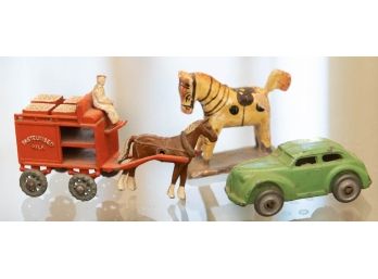 Matchbox Lesney Horsedrawn Milk Float , Miniature Collectible Car And Wooden Horse