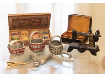 Metal And Wood Doll House Miniatures Including Singer Sewing Machine And Thread Cabinet