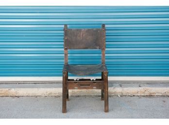 Antique Spanish Wood And Leather Chair