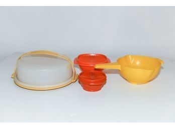 Vintage Tupperware Strainer, Cake Holder And Orange Storage Bowls