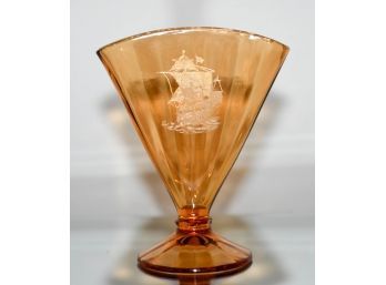 7.5' Vintage Etched Ship Amber Fan Vase