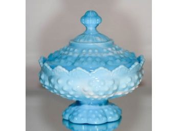 6.75' Fenton Blue Slag Marble Hobnail Covered Candy Dish